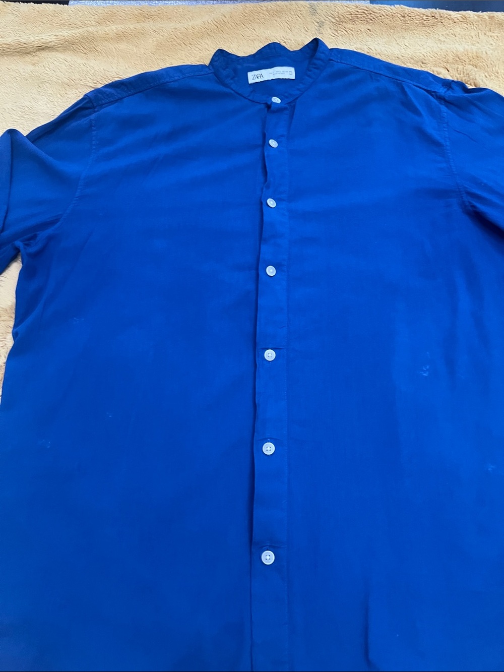 Zara Men Royal Blue Mandarin Collar Button-Down Shirt